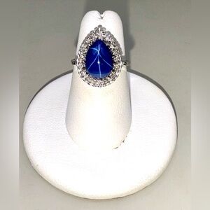 14k White Gold Lab Created Blue Star Sapphire & Natural Diamond Ring